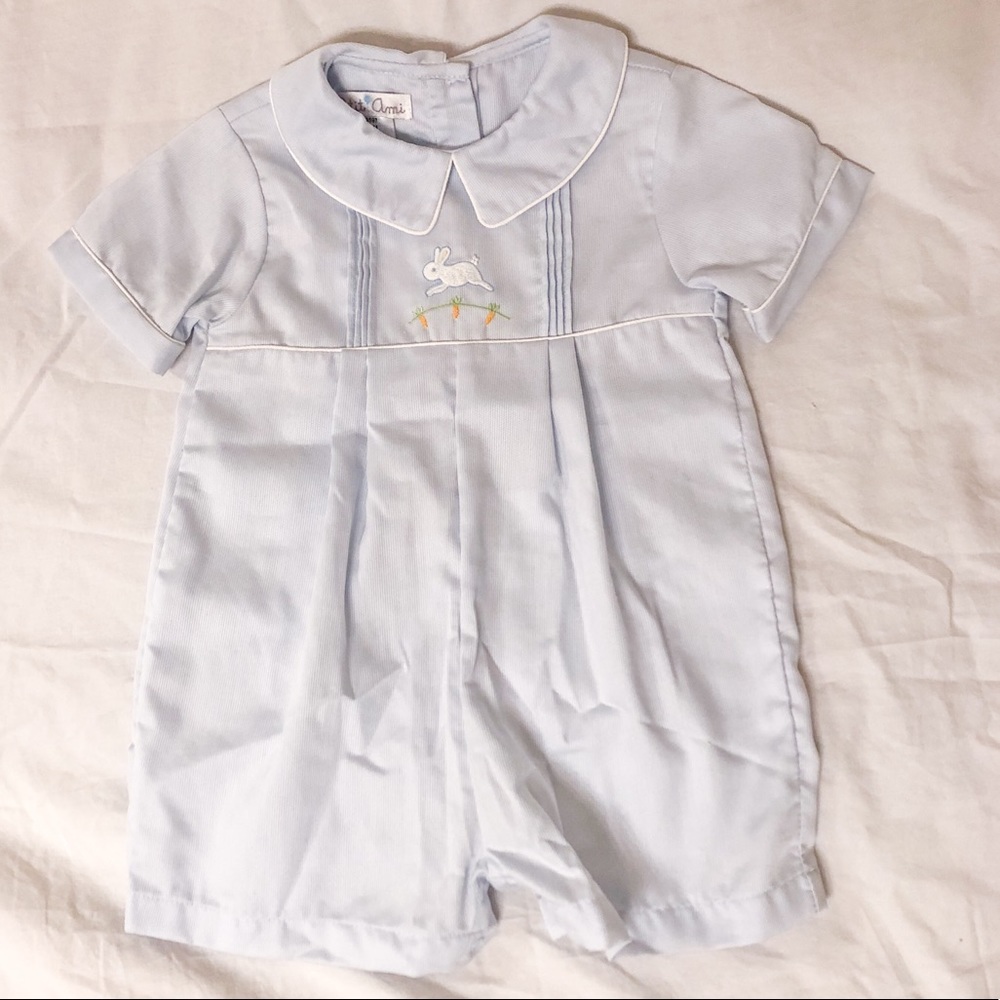 Petit Ami Easter Bunny Embroidered Shortall Collar